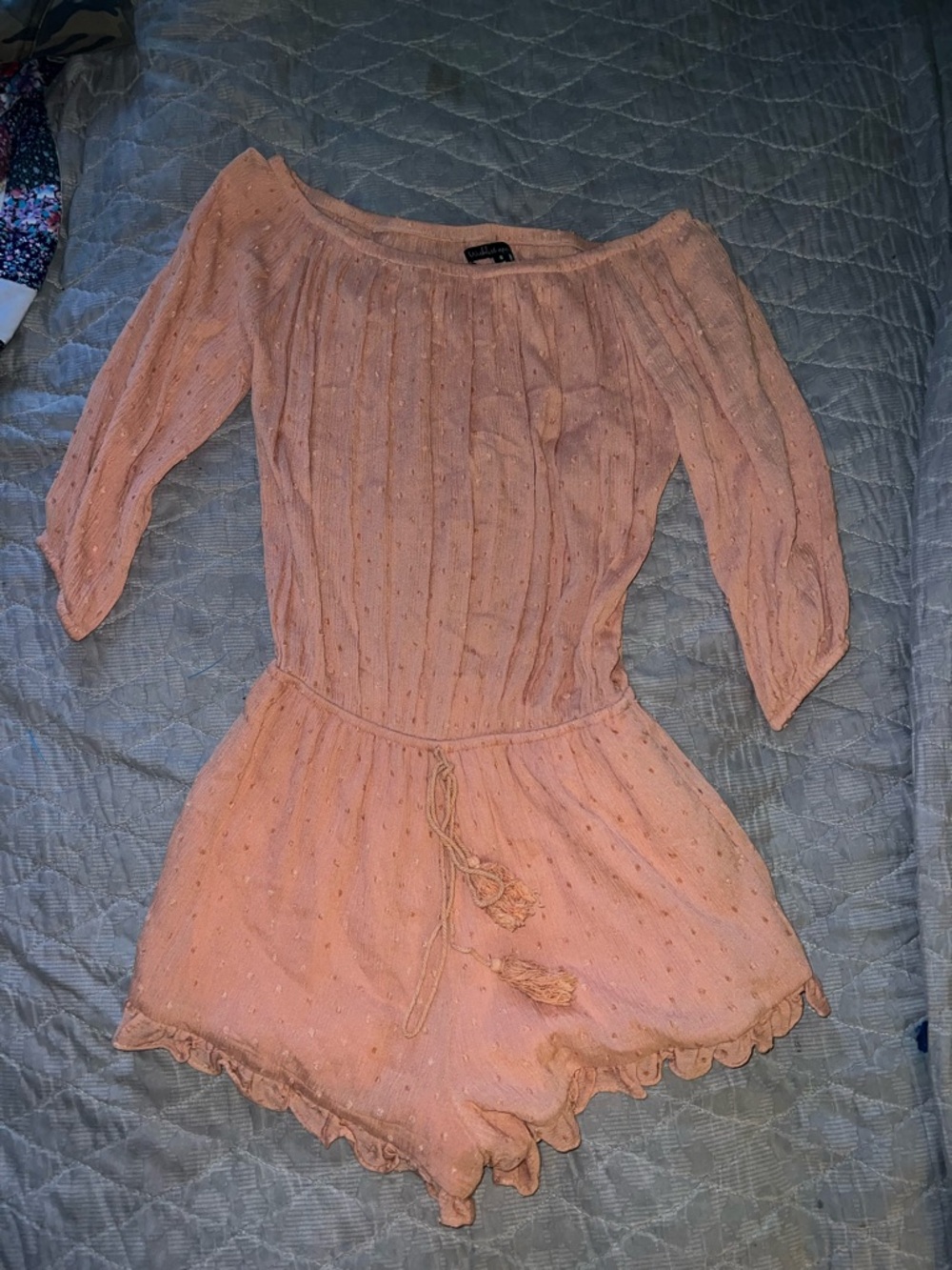 Peach Pink Off-Shoulder Shorts Romper with Tassel Waist